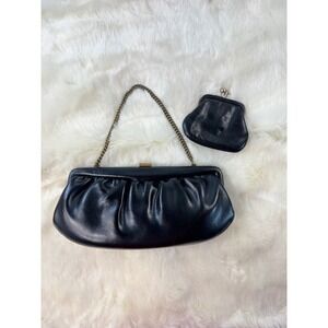 Black Leather vtg‎ Clutch Handbag with Matching Coin Purse Chain Strap Evening